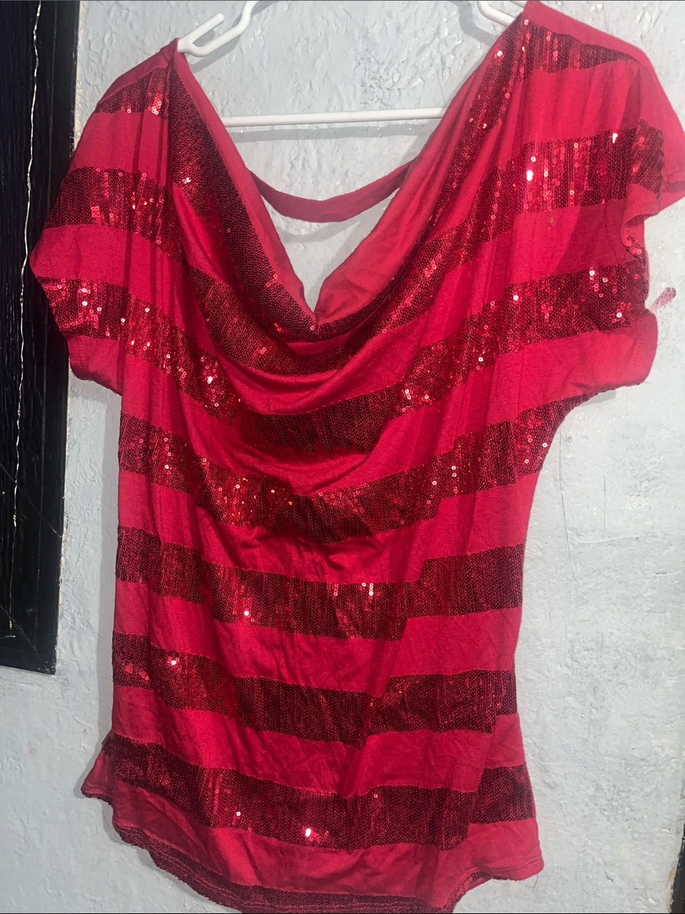 Love Rocks Red Striped Sequin Draped Neck Short Sleeve Top